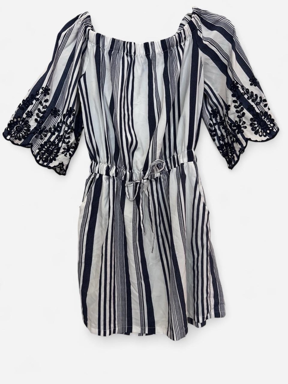 Striped Off-Shoulder Women’s Med Blouse Dress in Navy and White